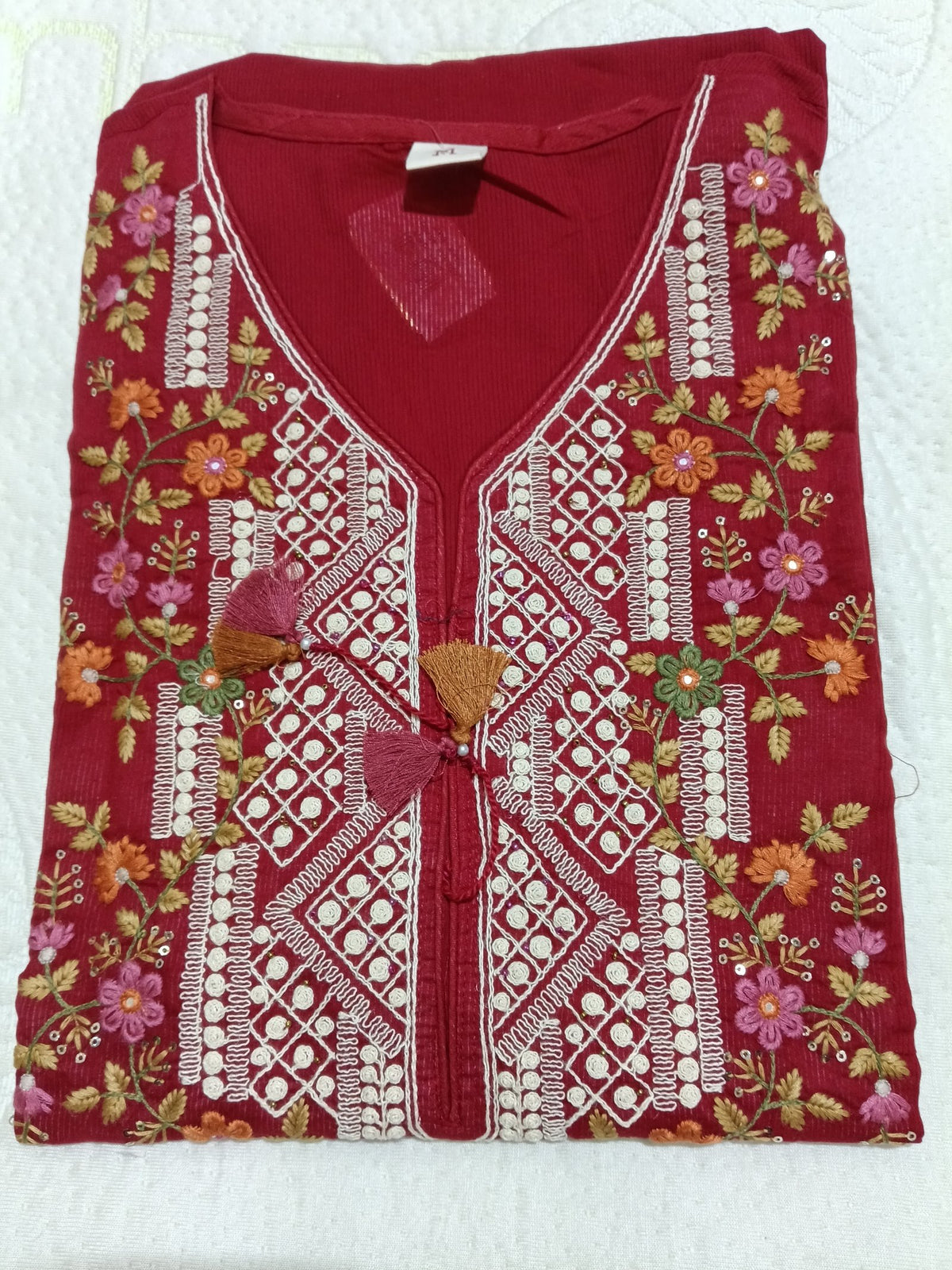 Women Red Chikankari Cotton Kurta Pant Dupatta