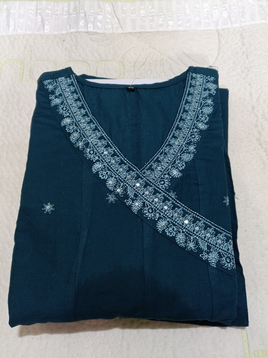 Women Teal Blue Embroidered Cotton Kurta Pant Dupatta