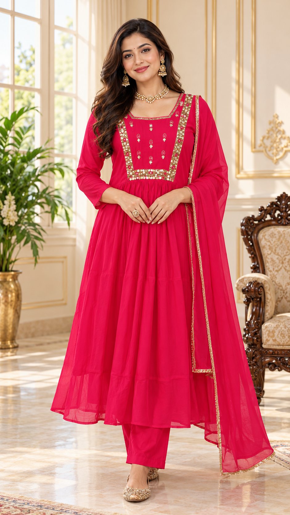 Women Pink Embroidered Mul Chanderi Kurta Pant Dupatta