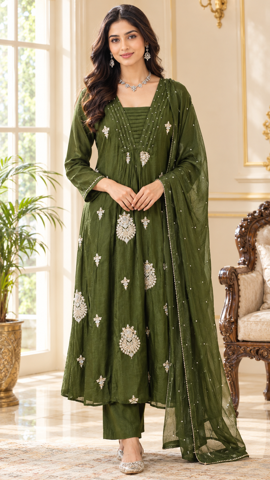 Women Mehandi Embroidered Other Kurta Pant Dupatta
