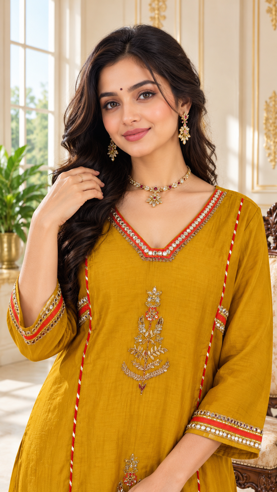 Women Mustard Yellow Embroidered Mul Chanderi Kurta Pant Dupatta