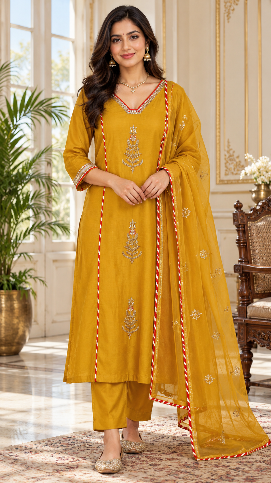 Women Mustard Yellow Embroidered Mul Chanderi Kurta Pant Dupatta