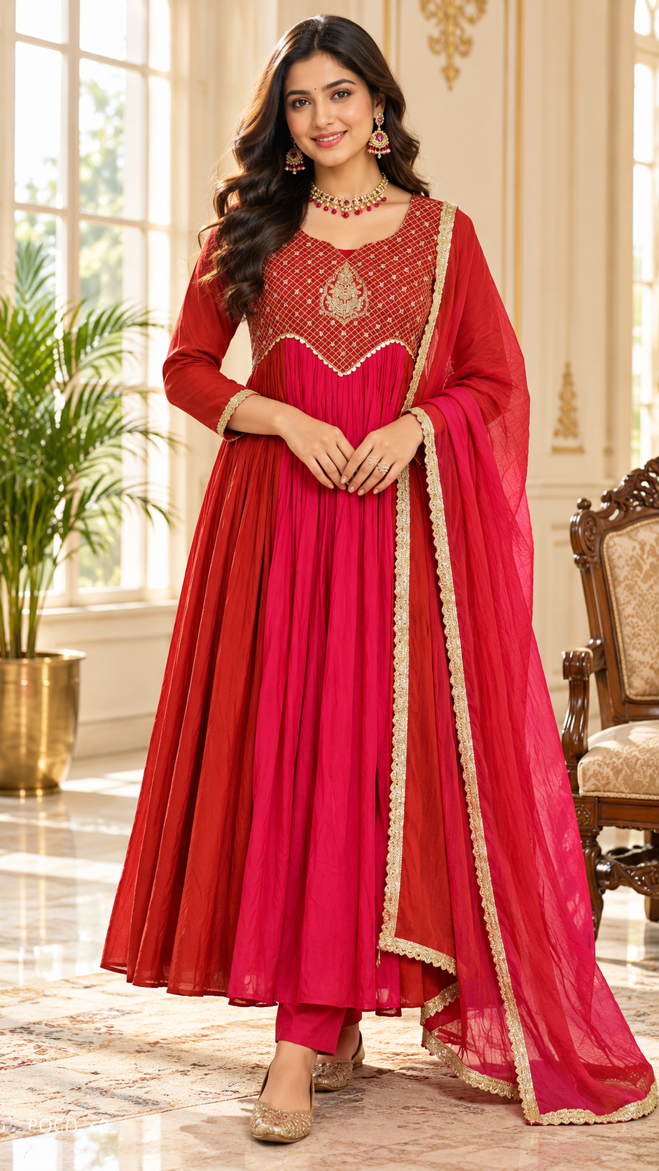 Women Pink Embroidered Mul Chanderi Kurta Pant Dupatta