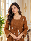 Women Brown Embroidered Chinnon Kurta Pant Dupatta