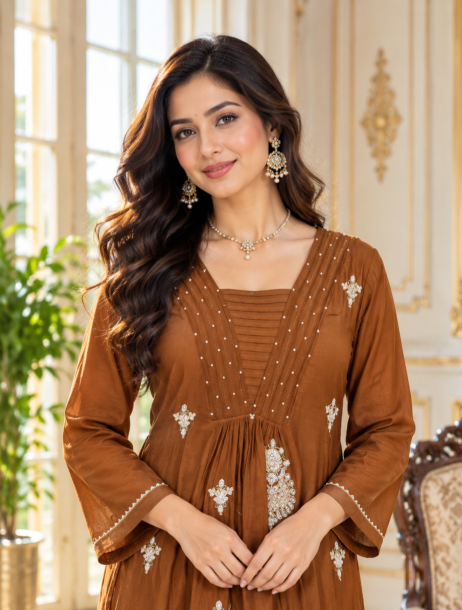 Women Brown Embroidered Chinnon Kurta Pant Dupatta