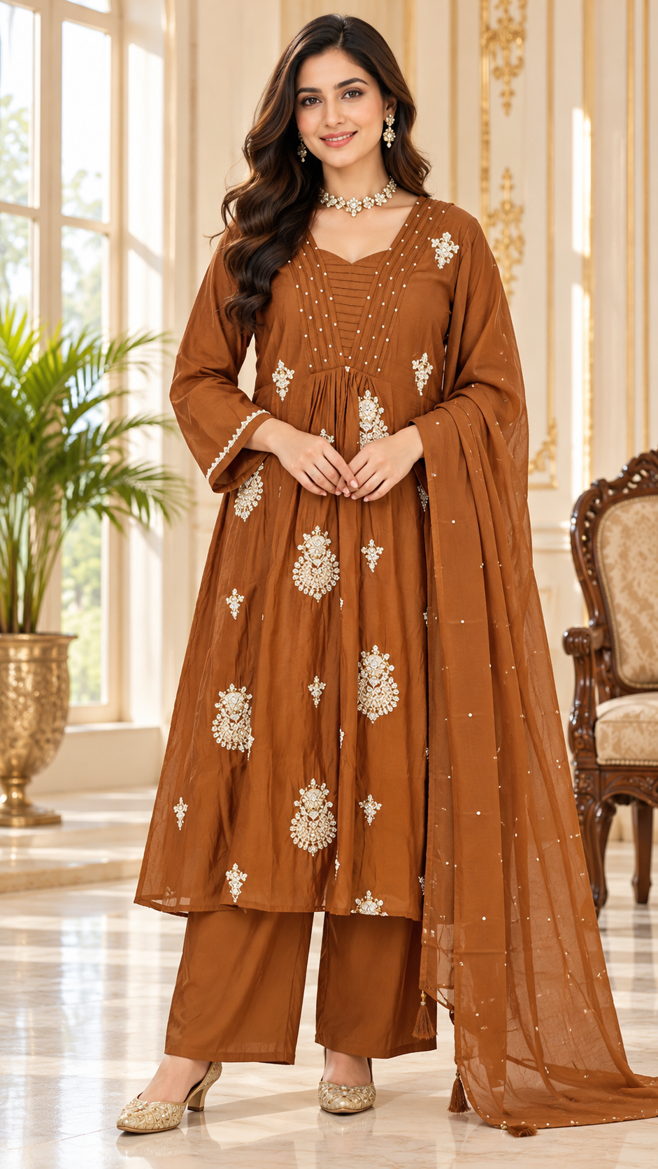 Women Brown Embroidered Chinnon Kurta Pant Dupatta