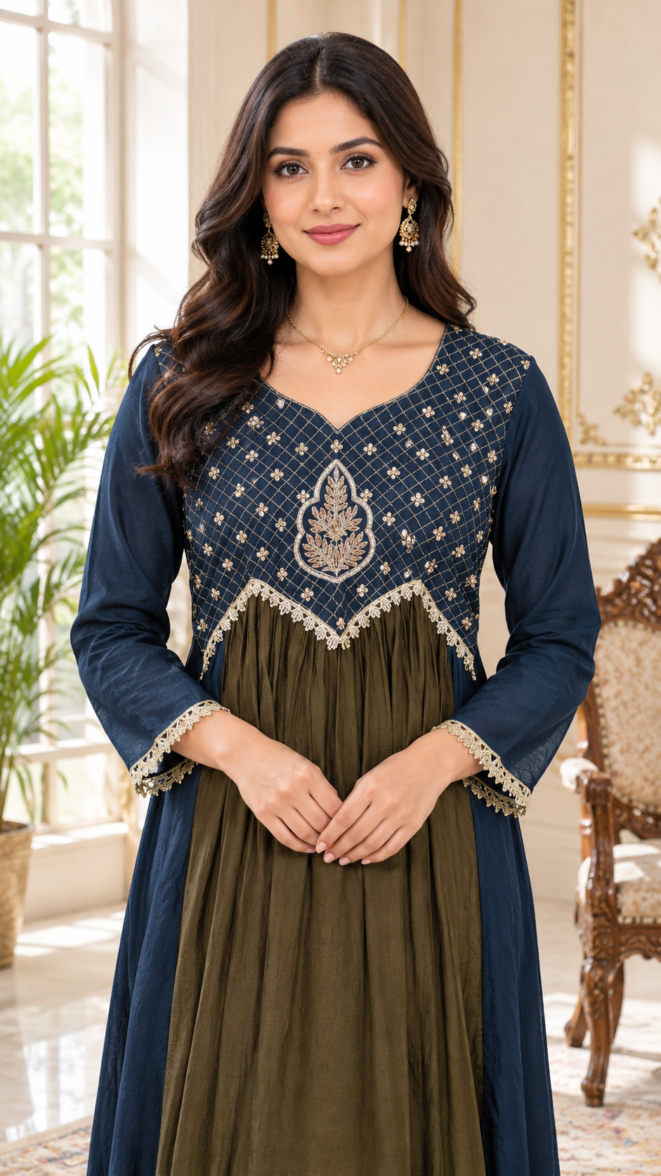 Women Mehandi Embroidered Mul Chanderi Kurta Pant Dupatta