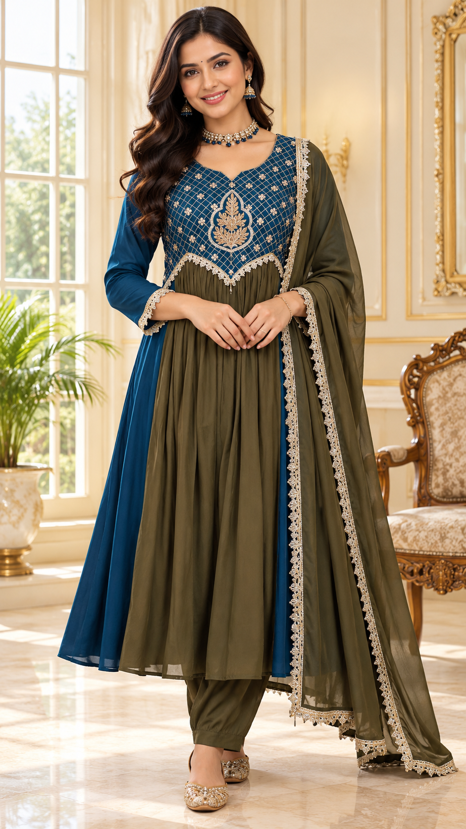 Women Mehandi Embroidered Mul Chanderi Kurta Pant Dupatta