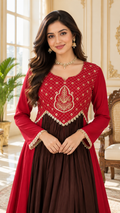 Women Brown Embroidered Mul Chanderi Kurta Pant Dupatta
