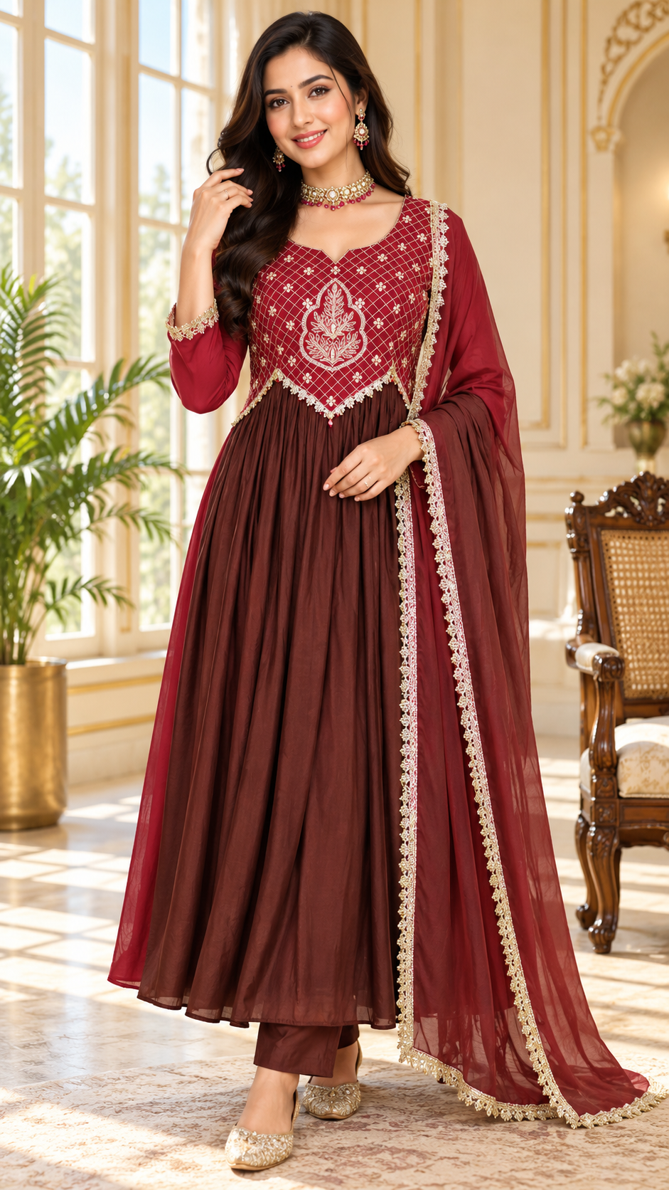 Women Brown Embroidered Mul Chanderi Kurta Pant Dupatta