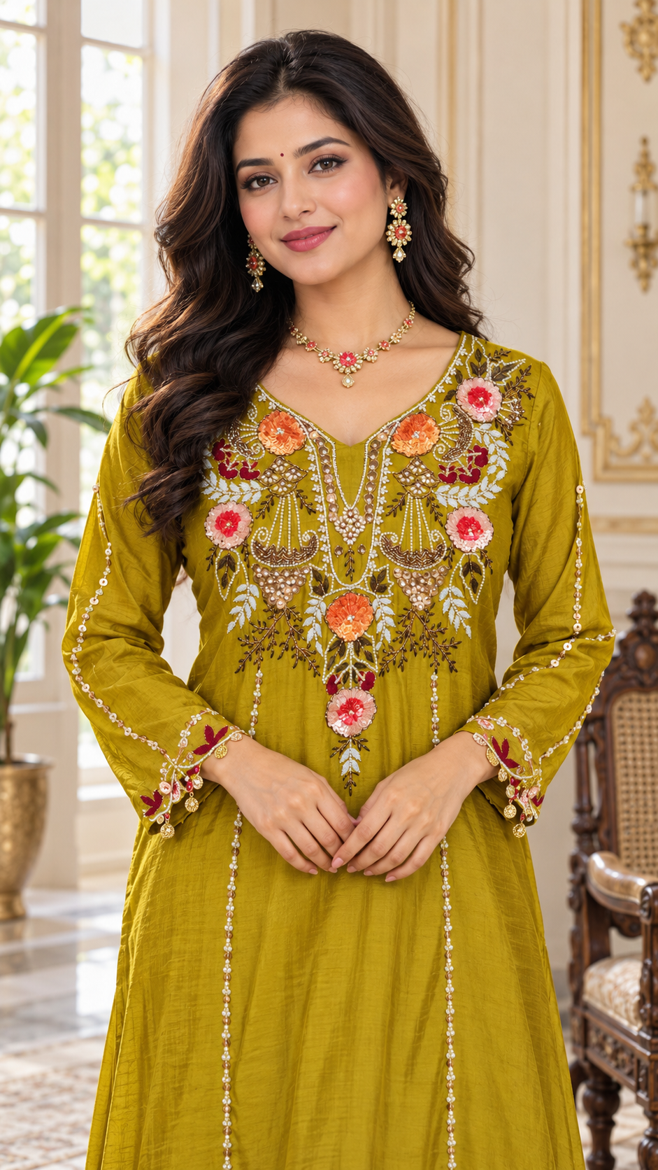 Women Yellow Embroidered Mul Chanderi Kurta Pant Dupatta