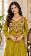 Women Yellow Embroidered Mul Chanderi Kurta Pant Dupatta