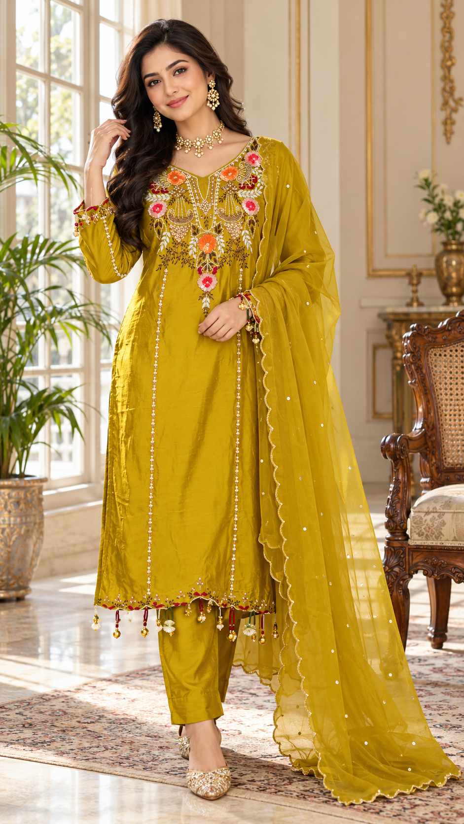 Women Yellow Embroidered Mul Chanderi Kurta Pant Dupatta