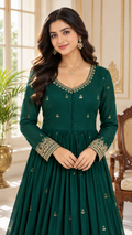 Women Dark Green Zari Embroidered Anarkali Suit Pant And Dupatta Set