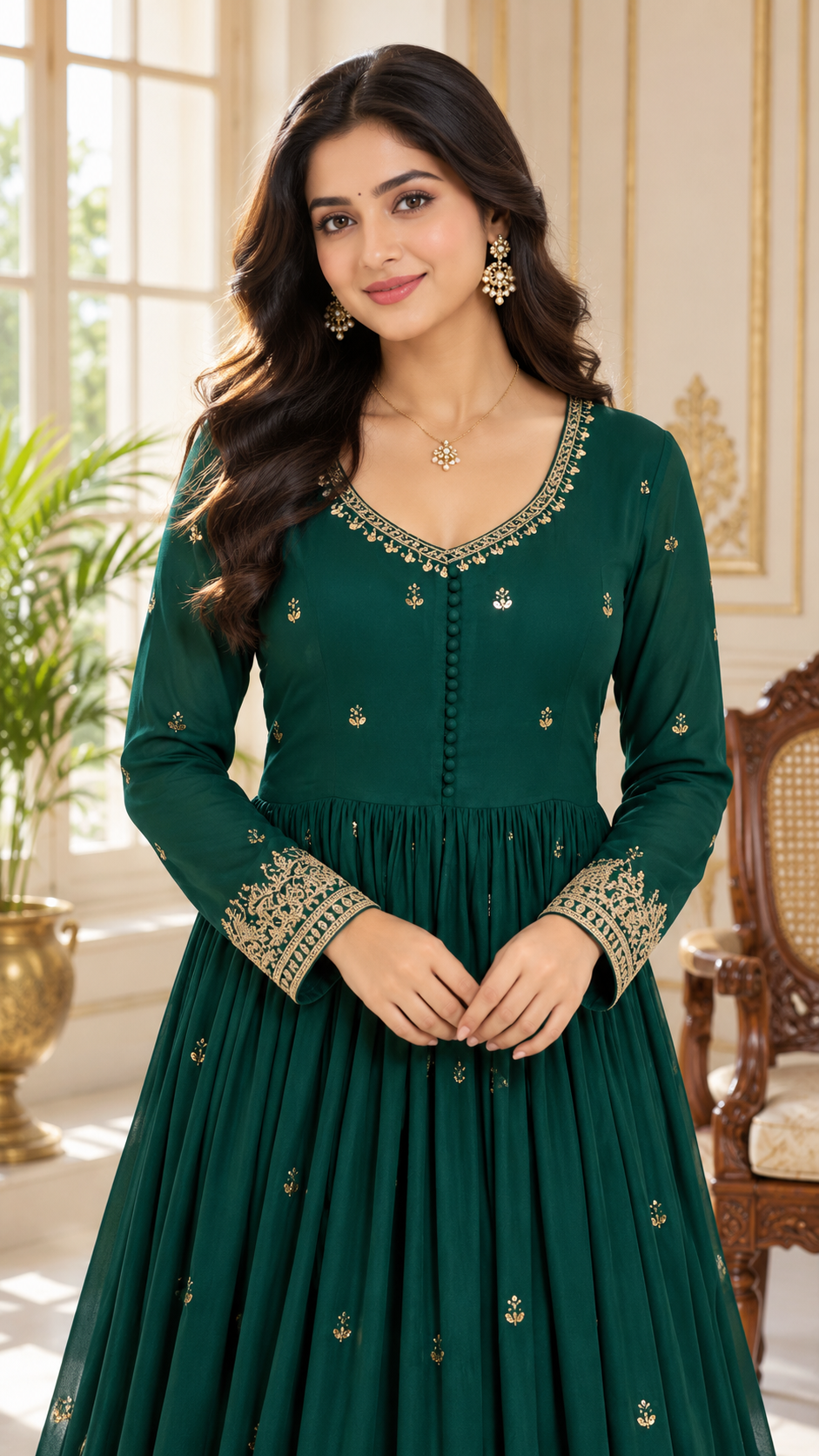 Women Dark Green Zari Embroidered Anarkali Suit Pant And Dupatta Set