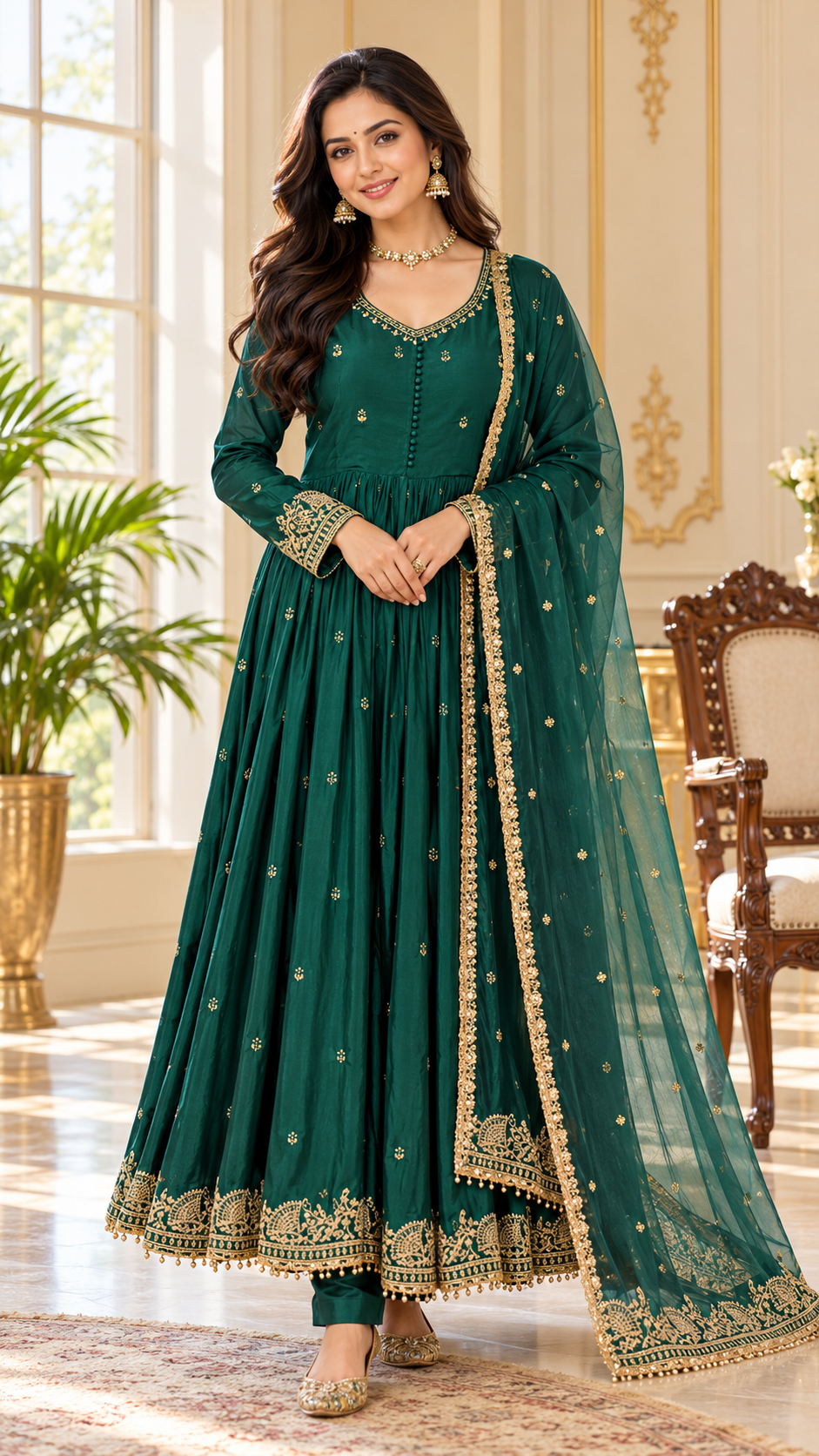 Women Dark Green Zari Embroidered Anarkali Suit Pant And Dupatta Set