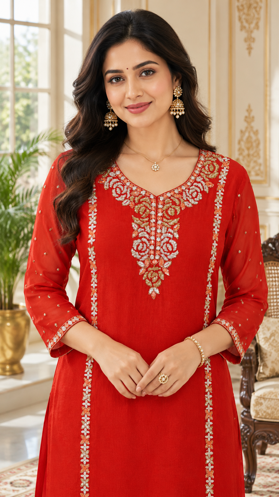 Women Orange Beads Embroiderd Chinnon Sharara Set