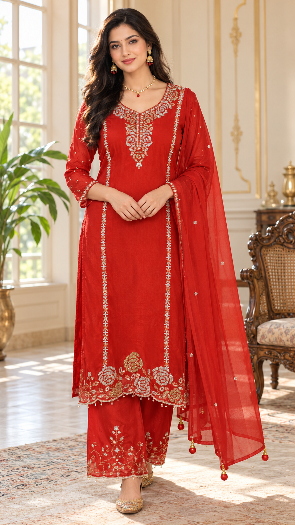 Women Orange Beads Embroiderd Chinnon Sharara Set