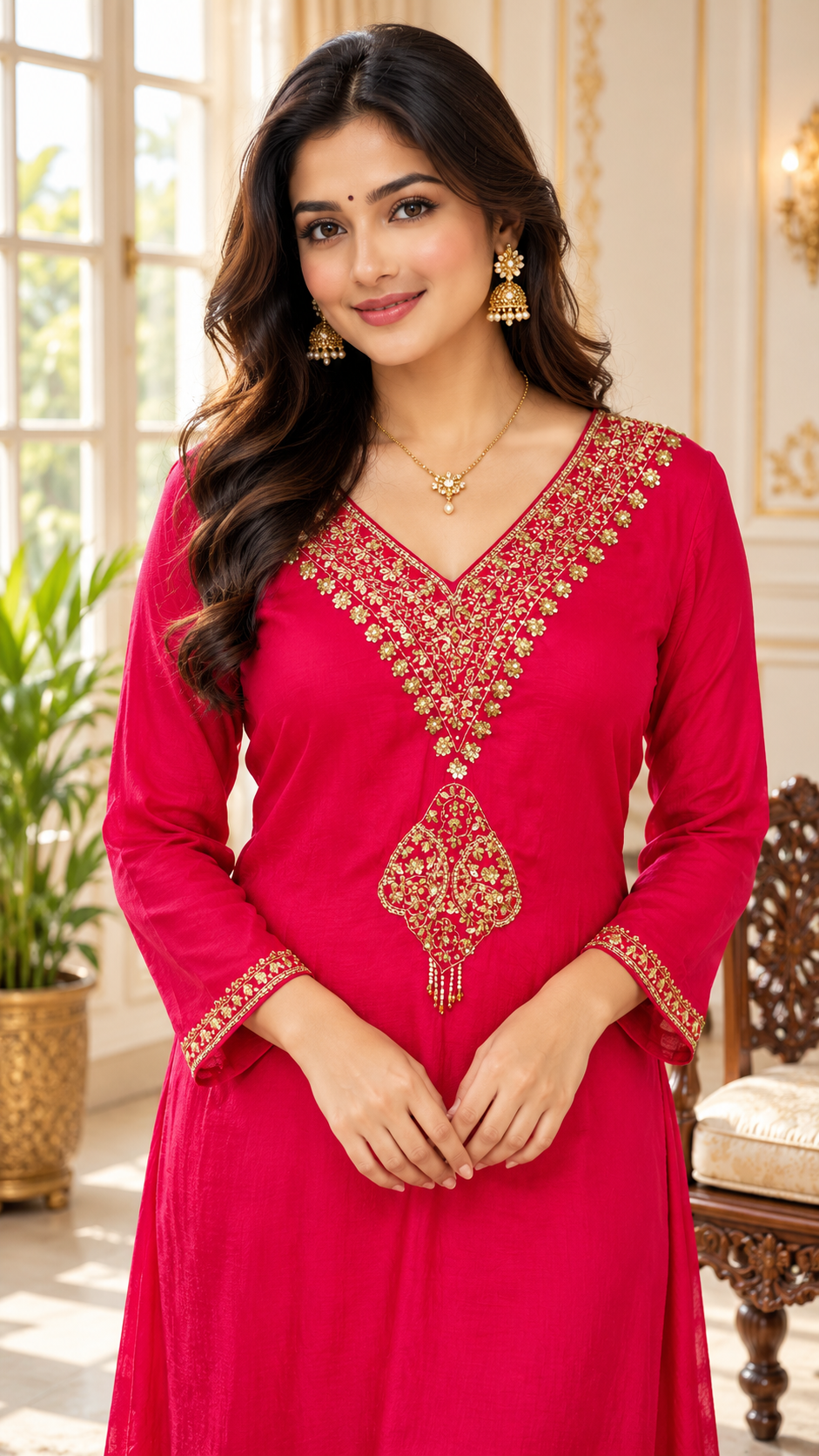 Women Rani Pink Embroidered Chinnon Kurta Pant Dupatta Set