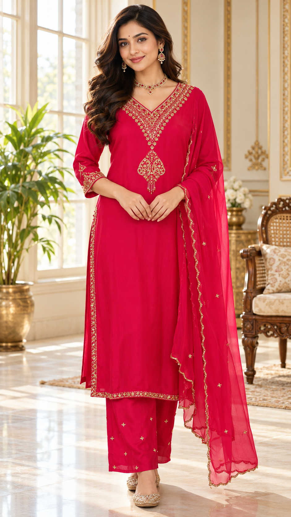 Women Rani Pink Embroidered Chinnon Kurta Pant Dupatta Set