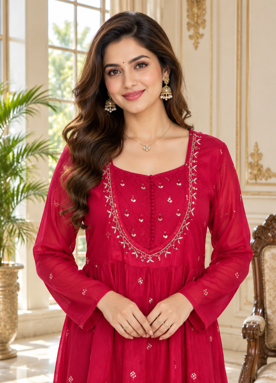 Women Rani Pink Embroidered Chinnon Anarkali Suit Pant And Dupatta Set