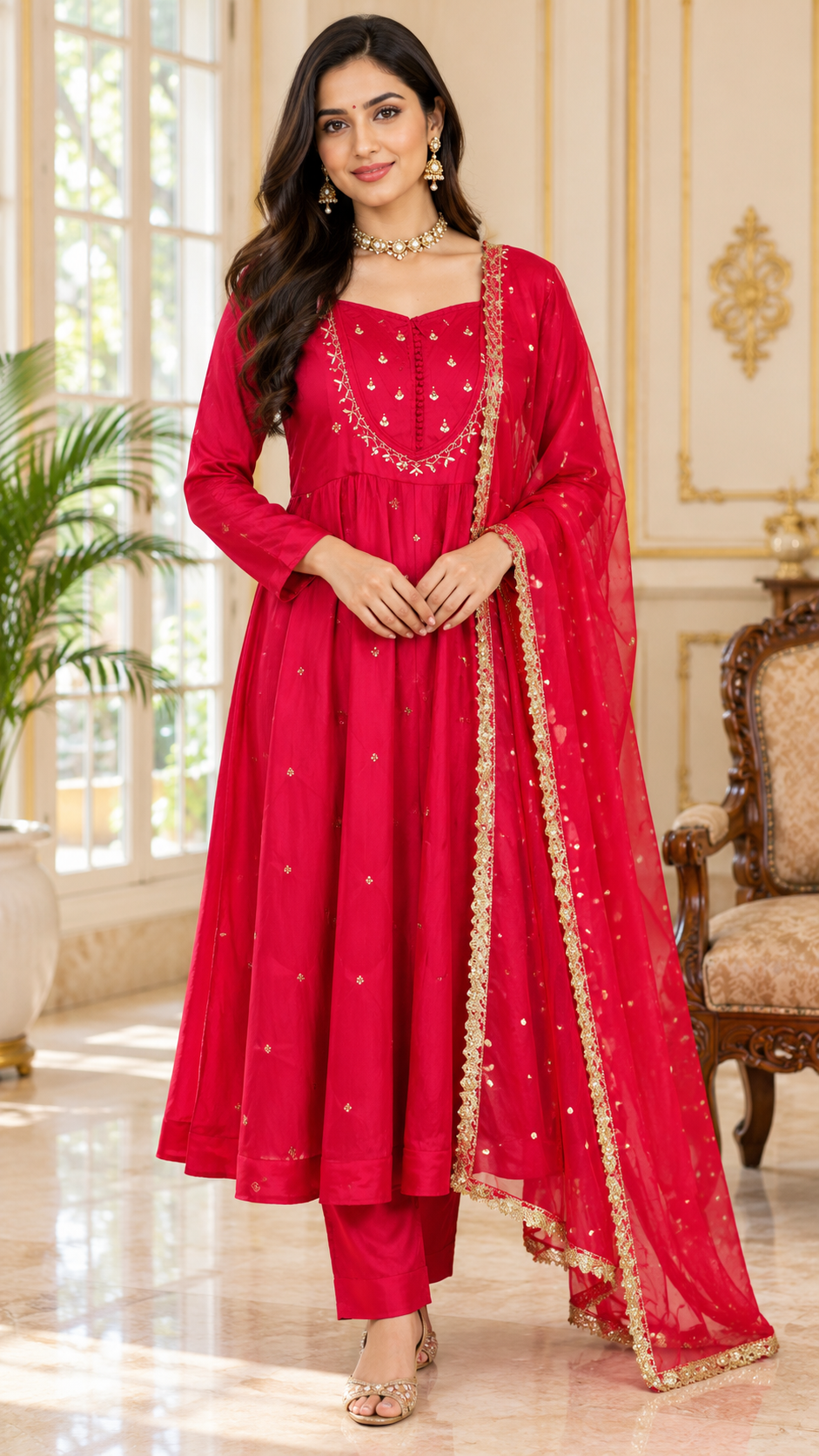 Women Rani Pink Embroidered Chinnon Anarkali Suit Pant And Dupatta Set