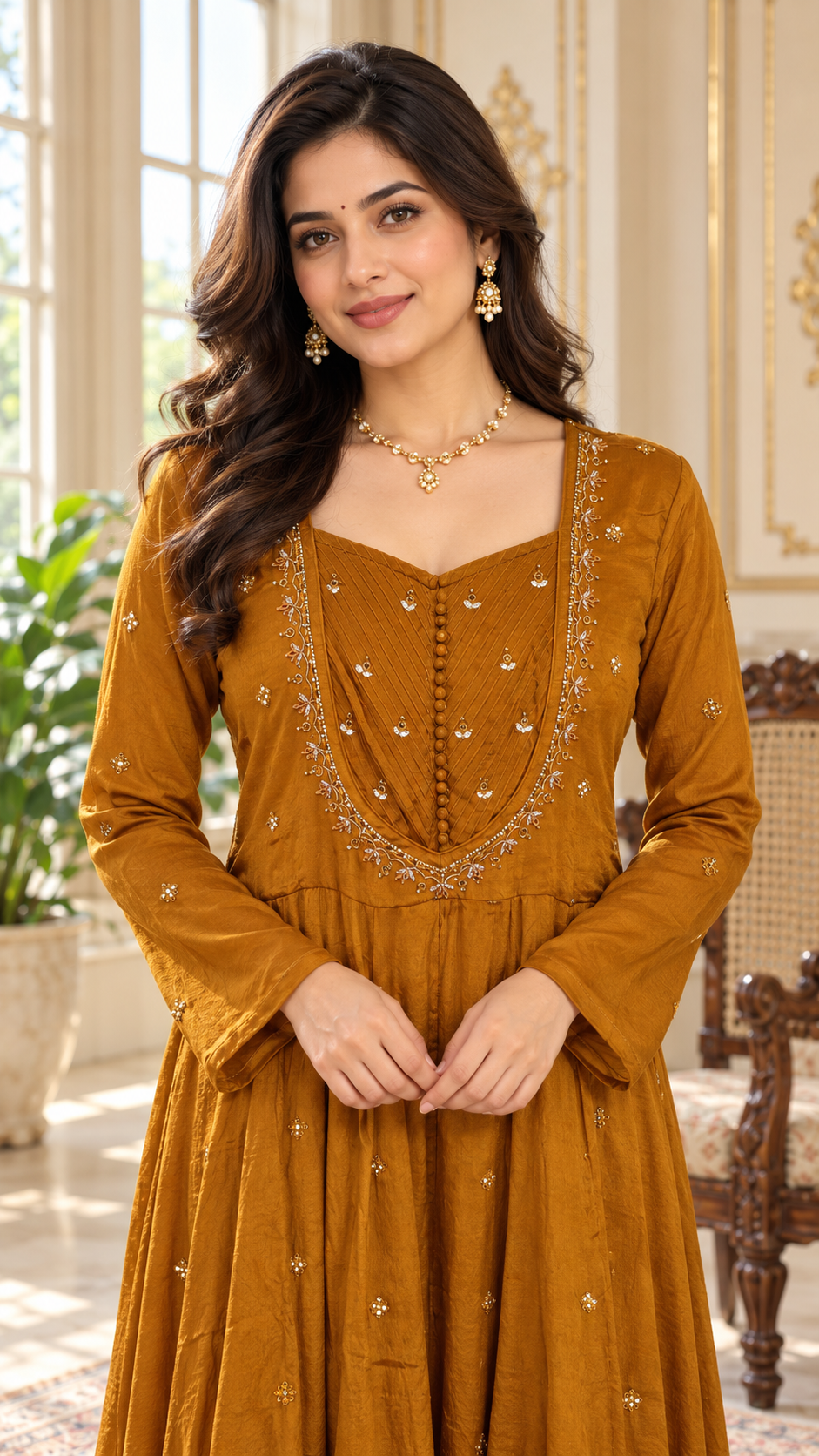 Women Yellow Embroidered Chinnon Anarkali Suit Pant And Dupatta Set