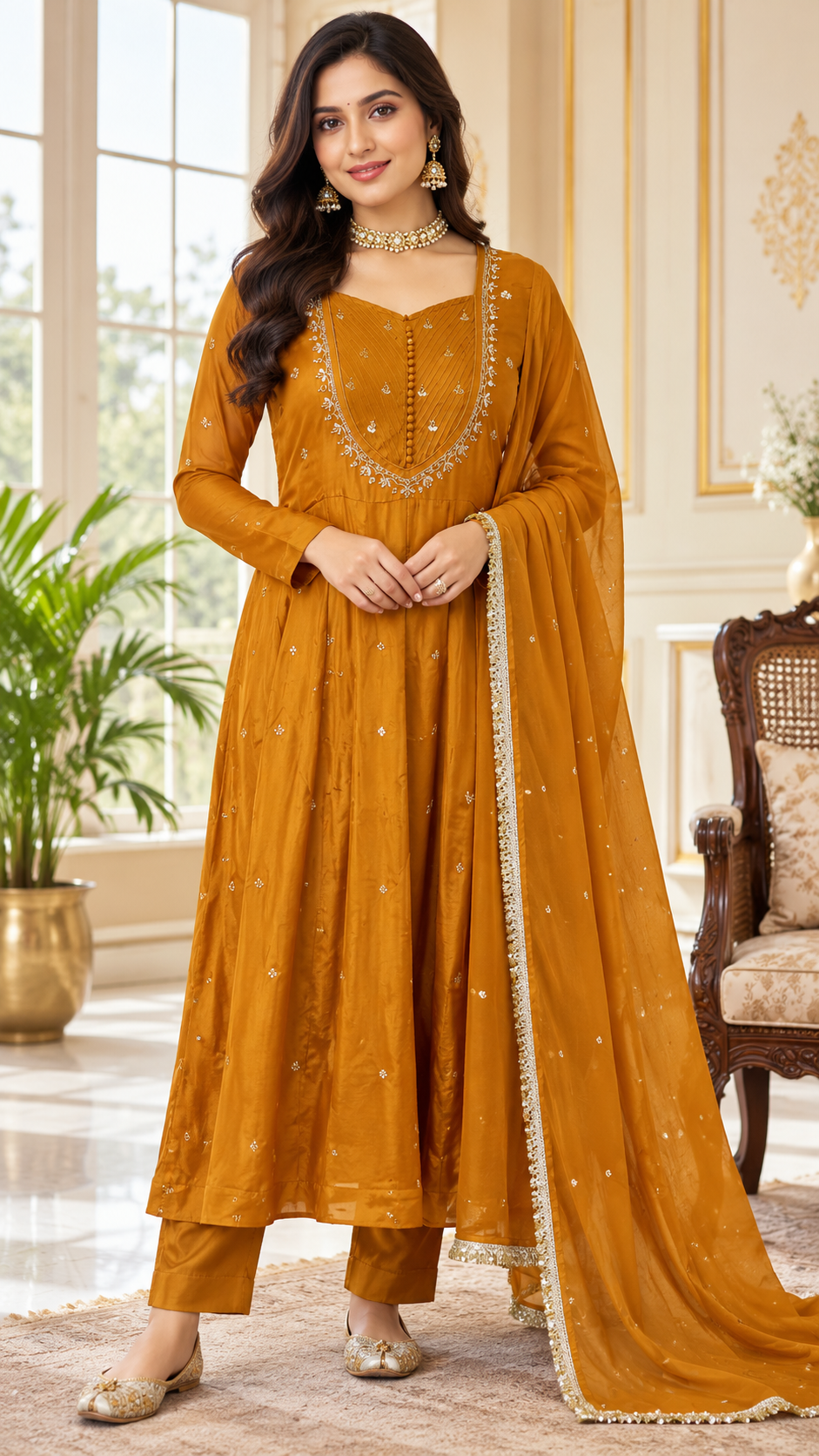 Women Yellow Embroidered Chinnon Anarkali Suit Pant And Dupatta Set