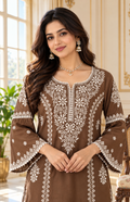 Women Brown Chikankari Cotton Kurta Farshi Salwar And Dupatta Set