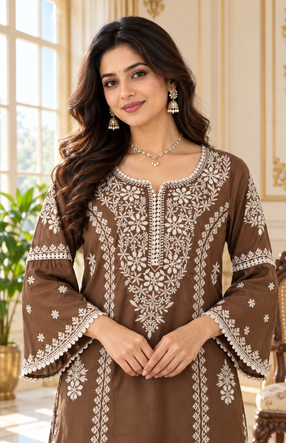 Women Brown Chikankari Cotton Kurta Farshi Salwar And Dupatta Set