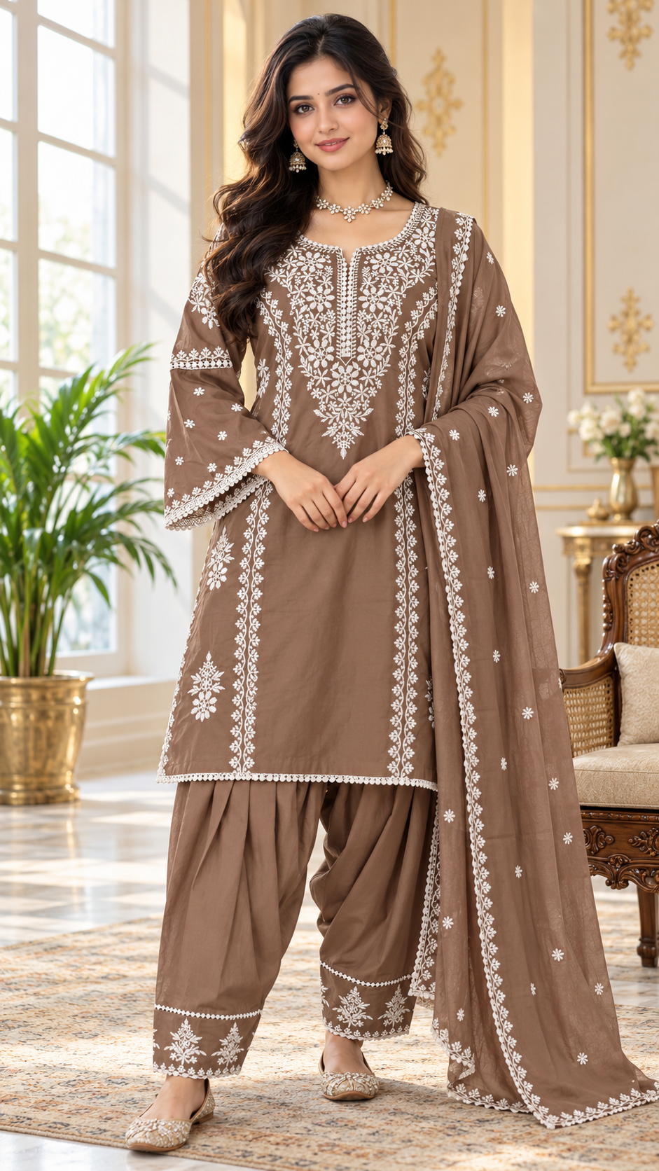 Women Brown Chikankari Cotton Kurta Farshi Salwar And Dupatta Set