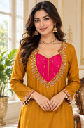 Women Mustard Yellow Embroidered Chinnon Sharara Set