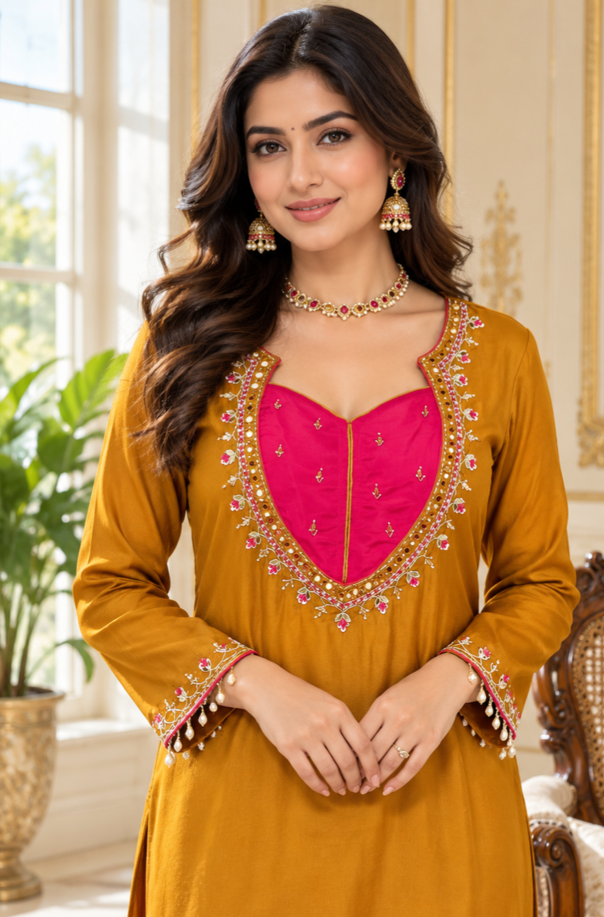 Women Mustard Yellow Embroidered Chinnon Sharara Set