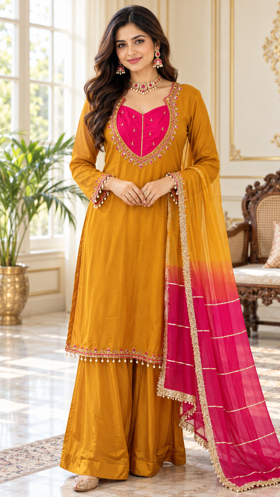 Women Mustard Yellow Embroidered Chinnon Sharara Set