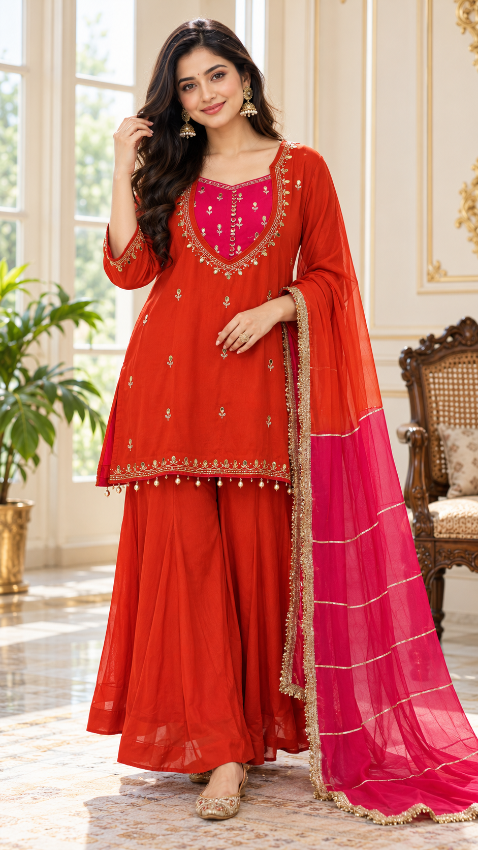 Women Orange Embroidered Chinnon Sharara Set