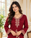 Women Maroon Embroidered Chinnon Sharara Set