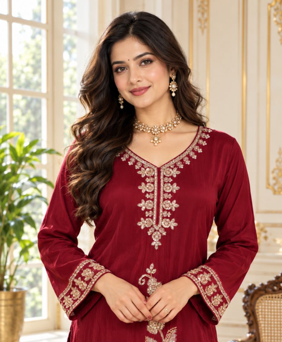 Women Maroon Embroidered Chinnon Sharara Set