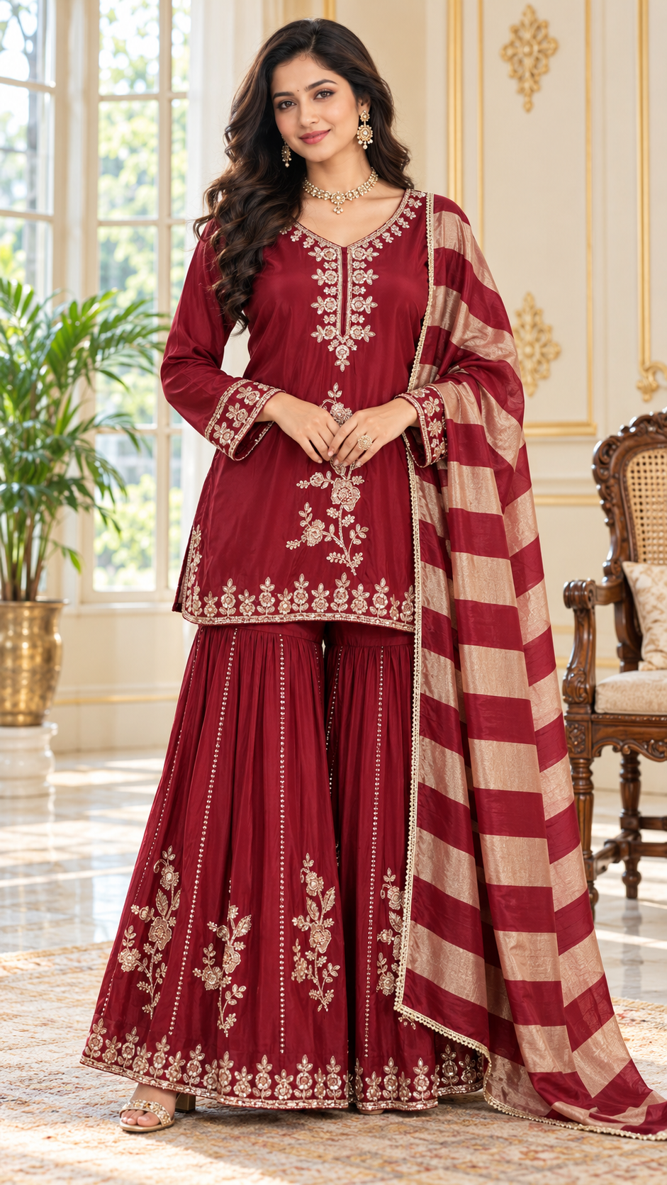 Women Maroon Embroidered Chinnon Sharara Set