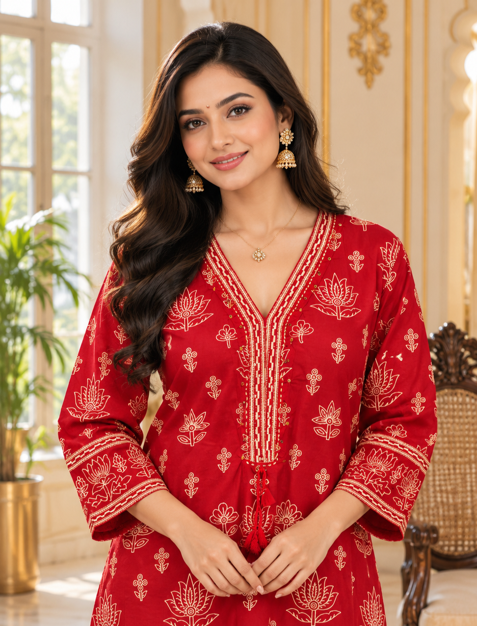 Women Red Printed Cotton Kurta Pant Dupatta