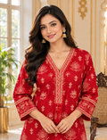 Women Red Printed Cotton Kurta Pant Dupatta