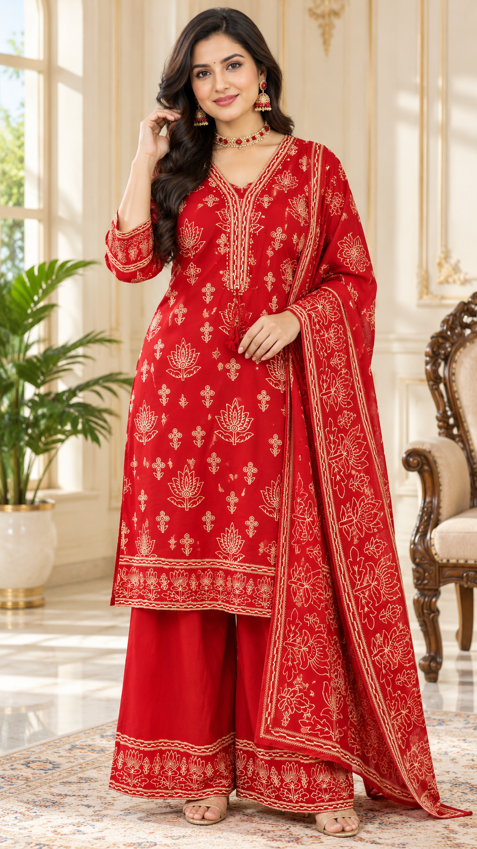 Women Red Printed Cotton Kurta Pant Dupatta