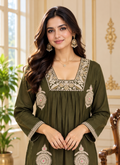Women Mehandi Zari Cotton Kurta Pant Dupatta