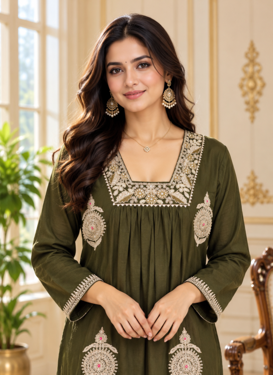 Women Mehandi Zari Cotton Kurta Pant Dupatta