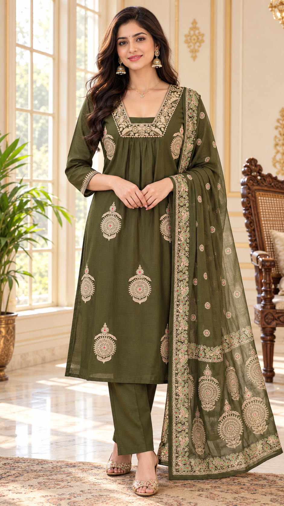 Women Mehandi Zari Cotton Kurta Pant Dupatta