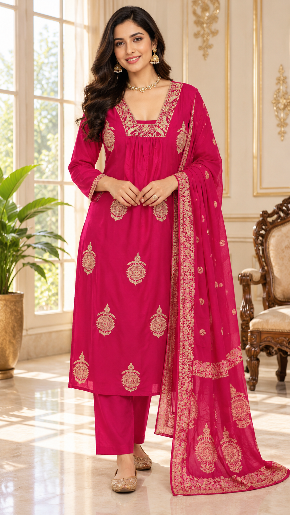 Women Pink Zari Mul Cotton Kurta Pant Dupatta