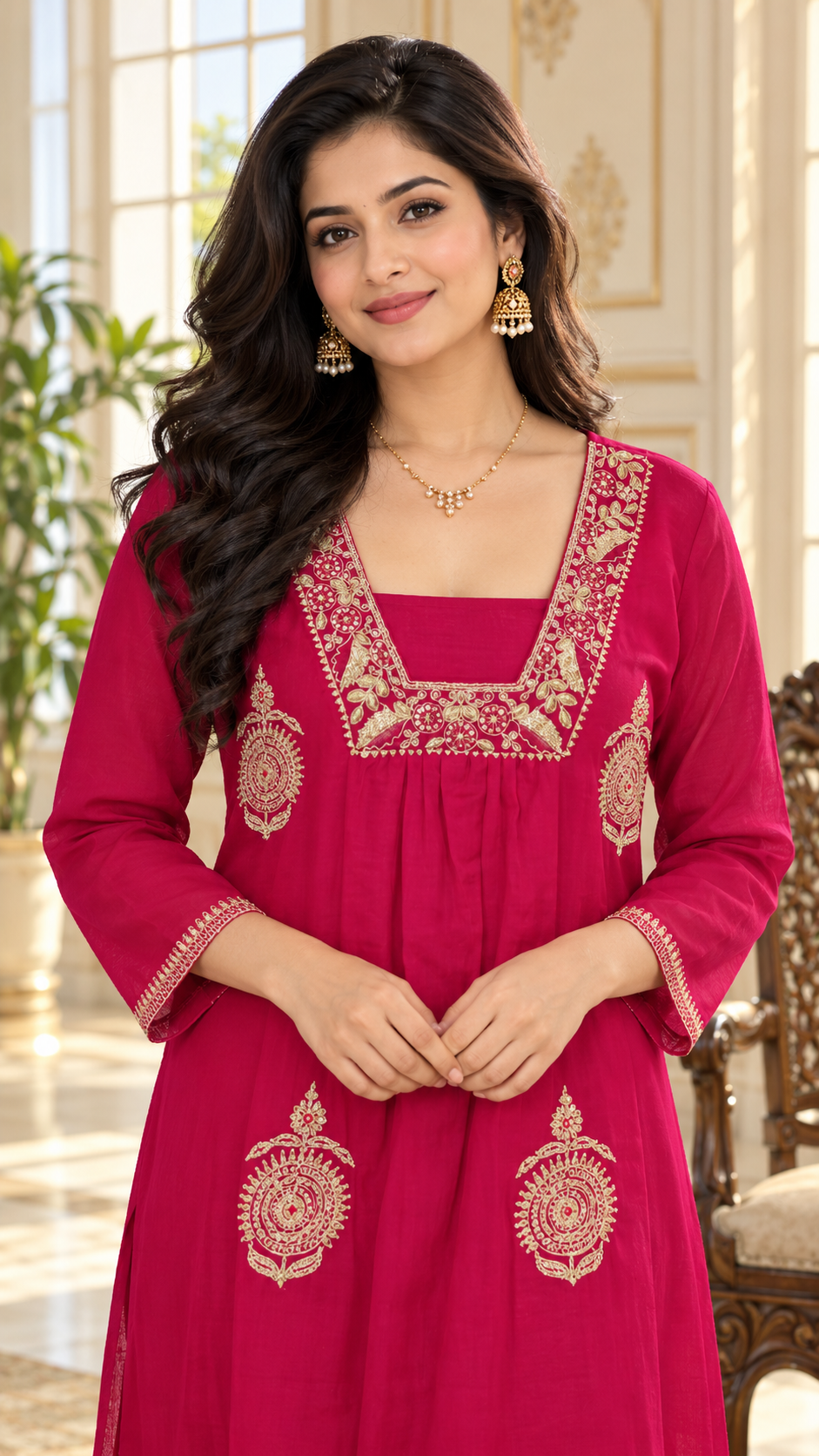 Women Pink Zari Mul Cotton Kurta Pant Dupatta