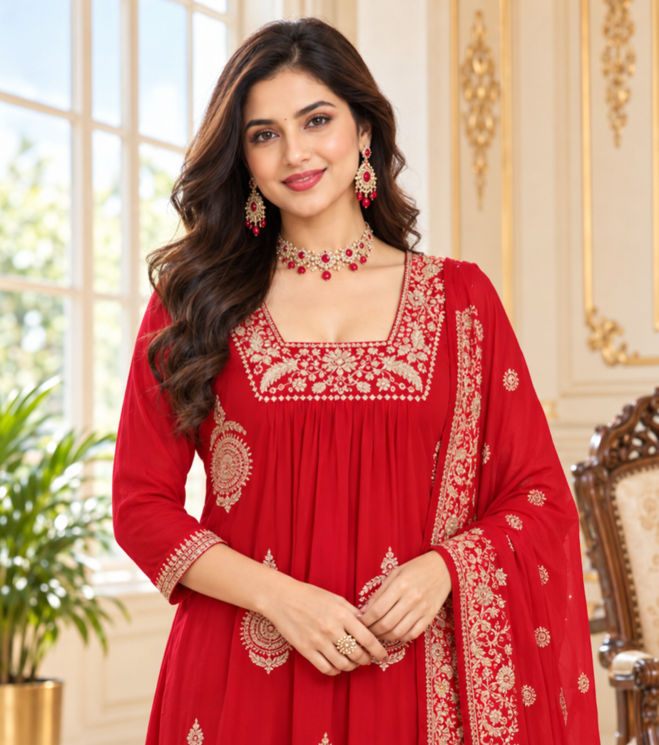 Women Red Zari Cotton Kurta Pant Dupatta