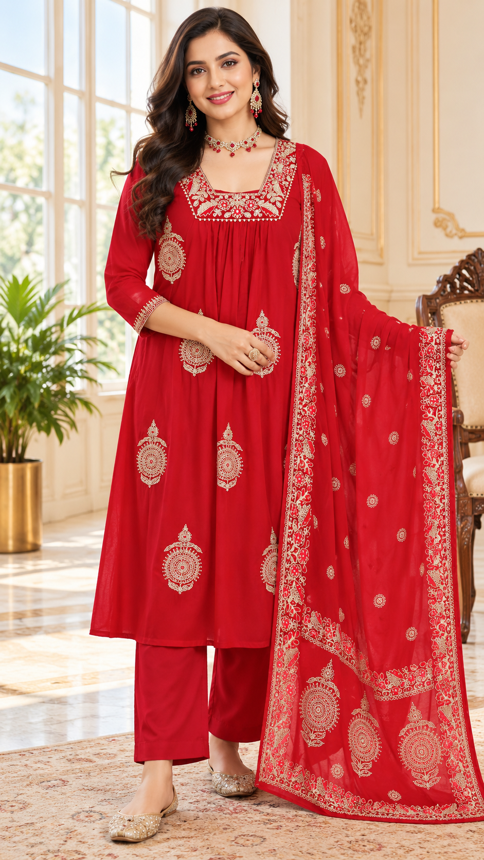 Women Red Zari Cotton Kurta Pant Dupatta