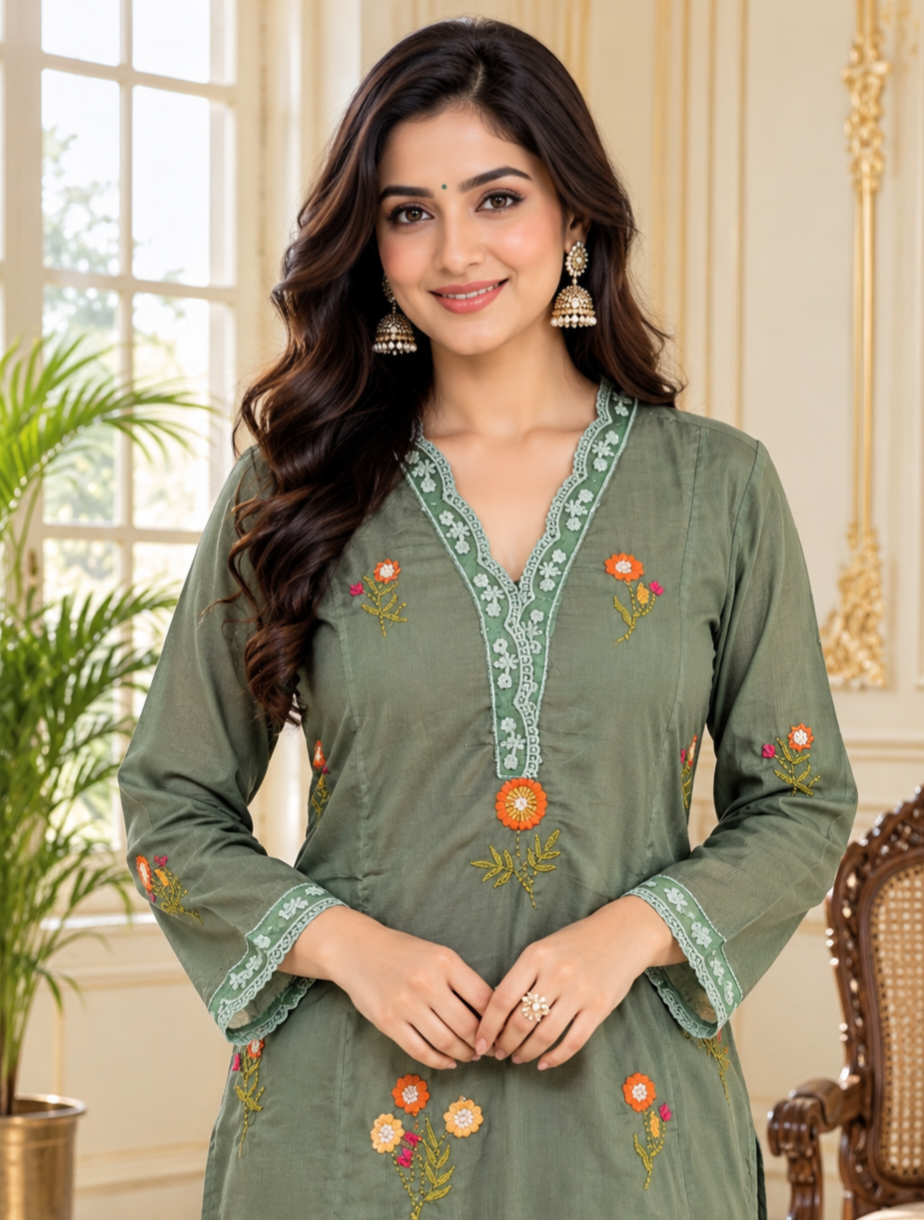 Women Gray Embroidered Cotton Kurta Pant Dupatta