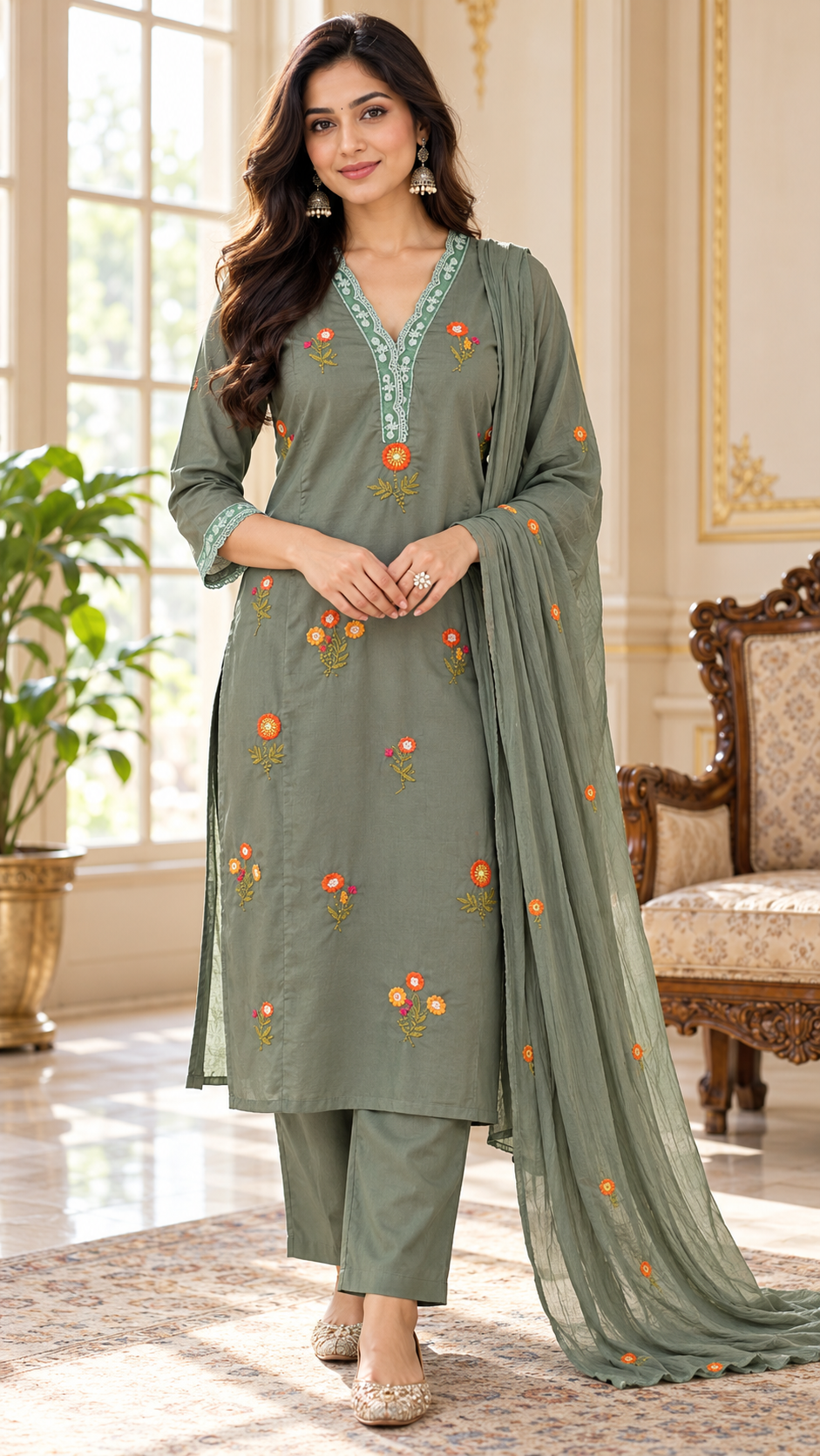Women Gray Embroidered Cotton Kurta Pant Dupatta